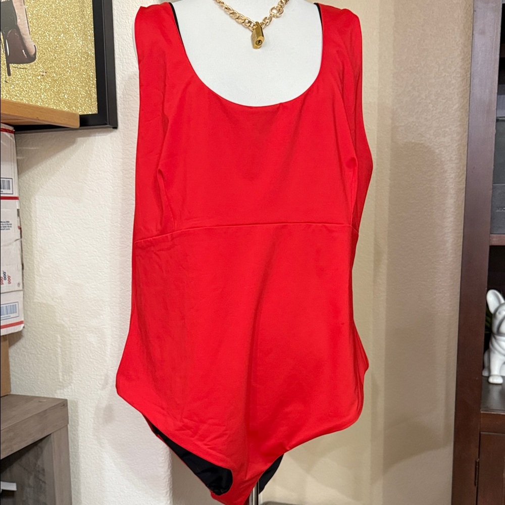Sunset Vibes Red/ Black reversible Scoopneck 1 piece swimsuit Plus Size 22